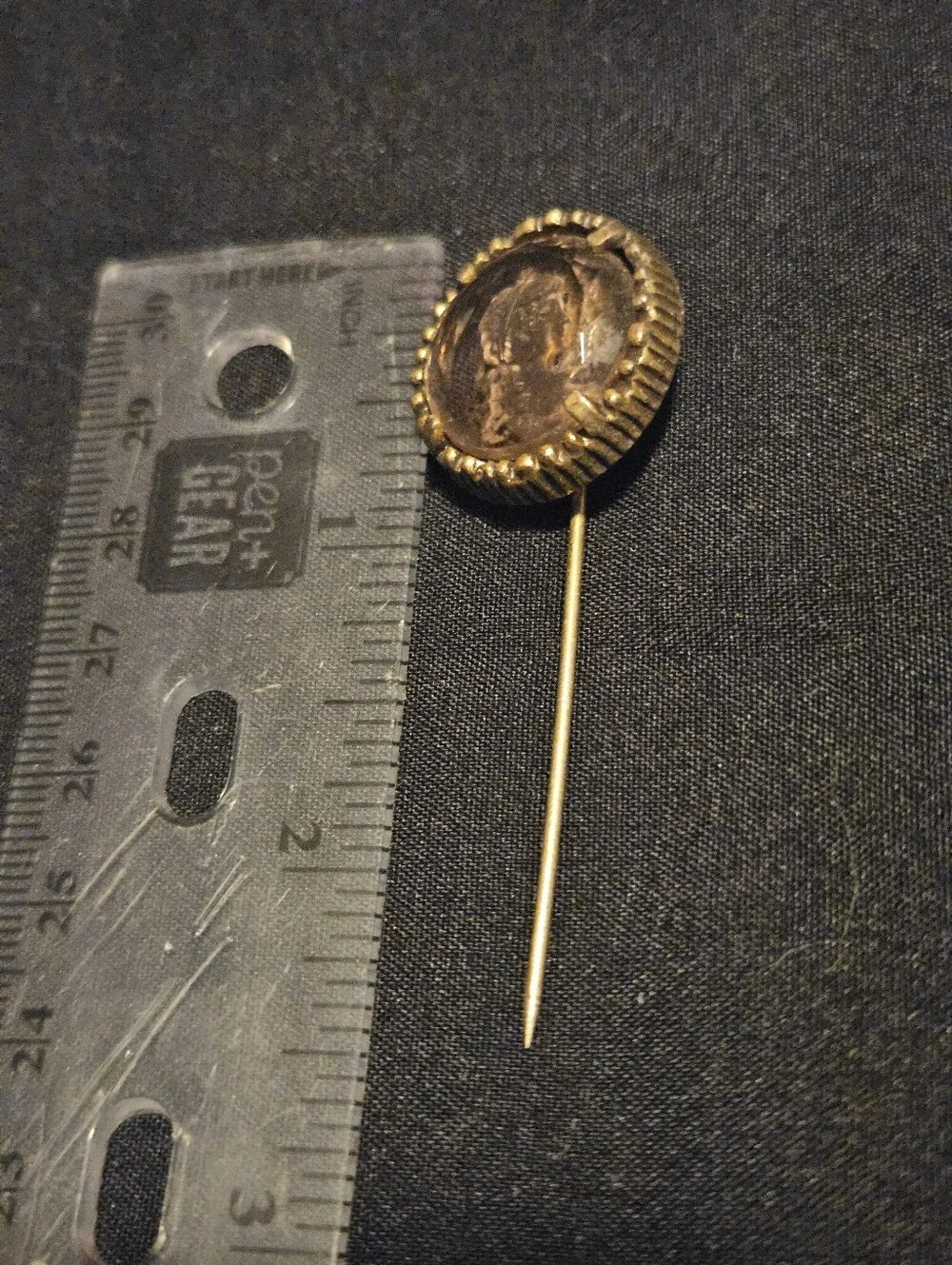 Antique Victorian Glass Intaglio Stickpin Neo Classical Cameo Head Gold Tone Pin